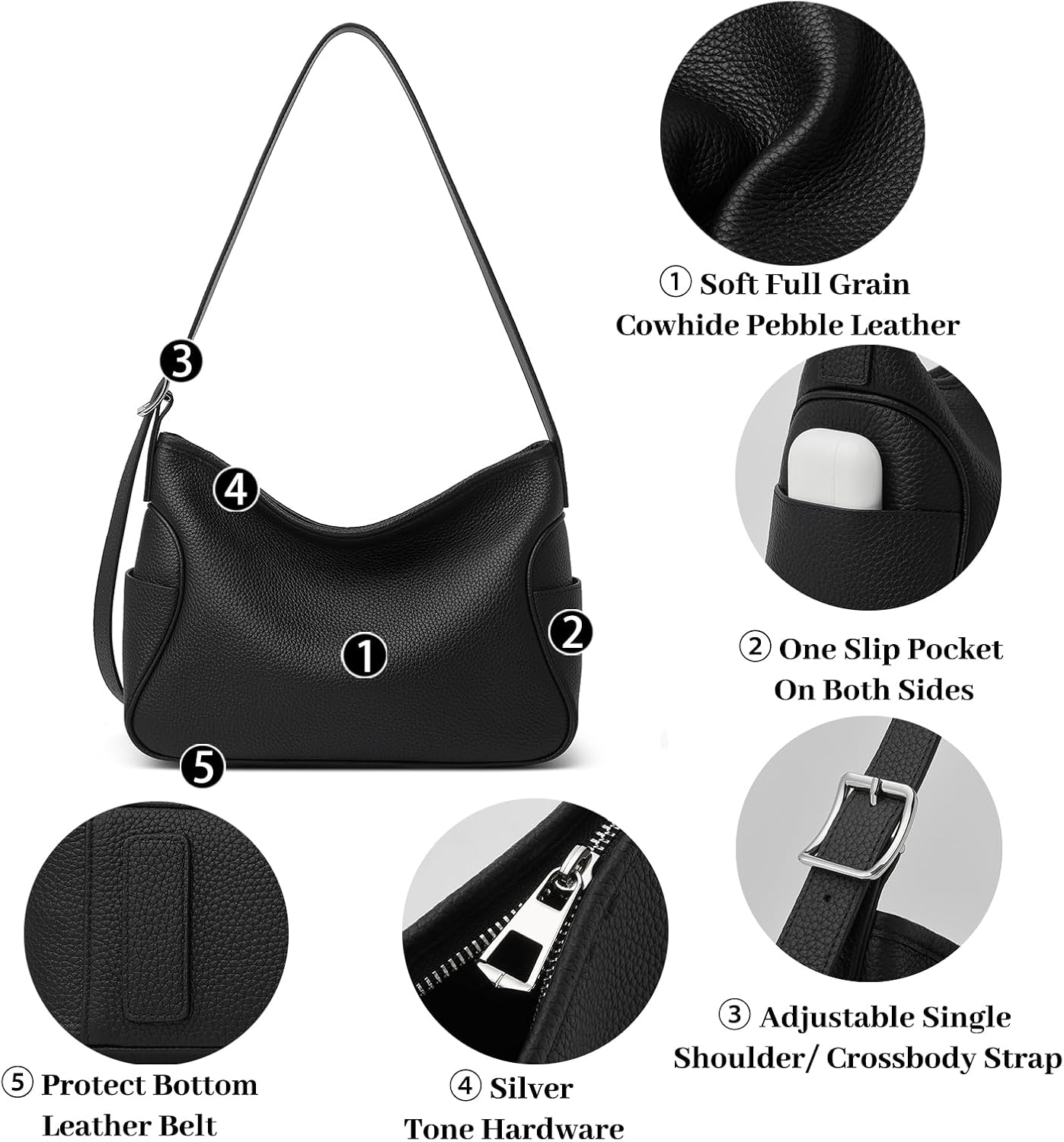 #420 DAILANDO Genuine Leather Hobo Purse for Women, Soft Top Grained Shoulder Tote Bag with Single Adjustable Strap
