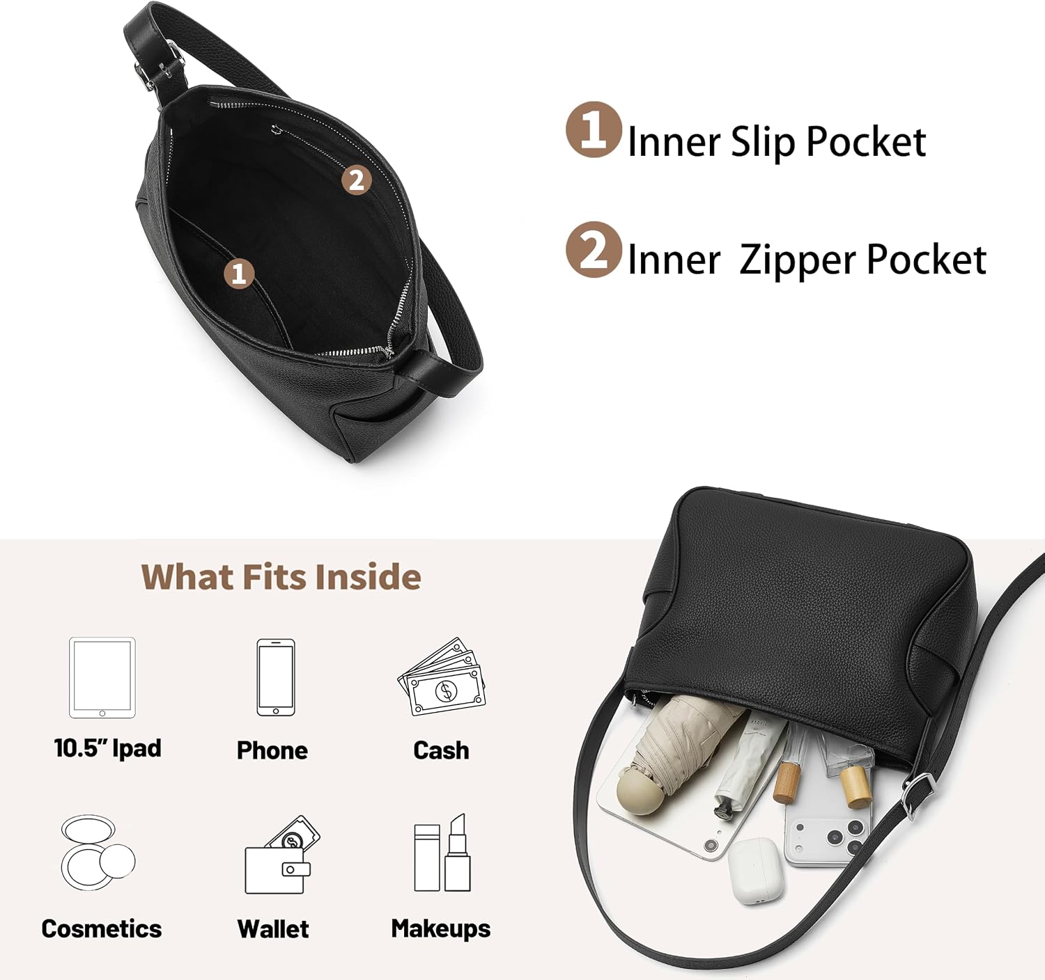#420 DAILANDO Genuine Leather Hobo Purse for Women, Soft Top Grained Shoulder Tote Bag with Single Adjustable Strap