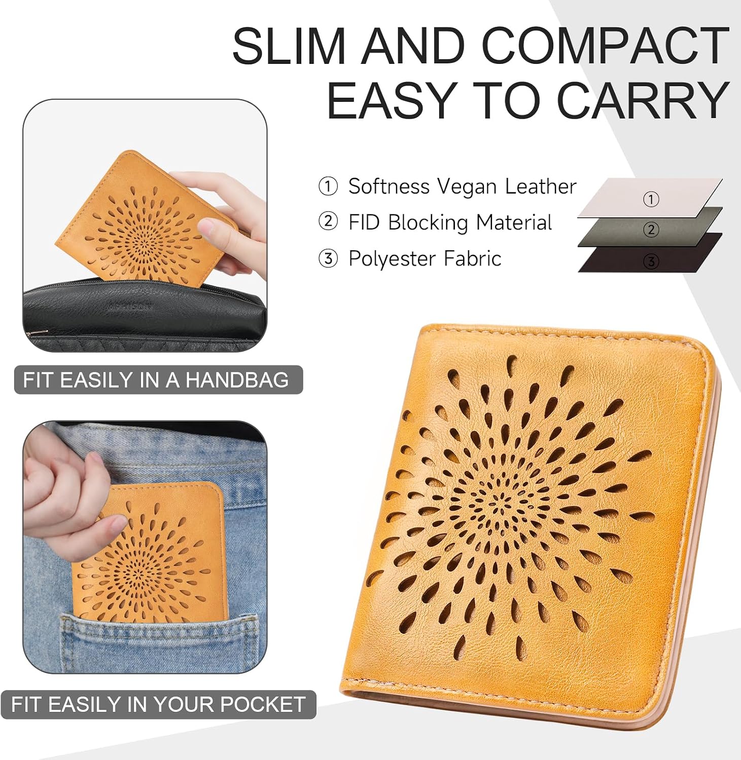#100 APHISON Womens Wallet, Slim Small Wallet for Women Men RFID Wallet Women Sunflower Leather ID Credit Card Holder whit Zipper Coin Pocket Bifold Compact Wallet